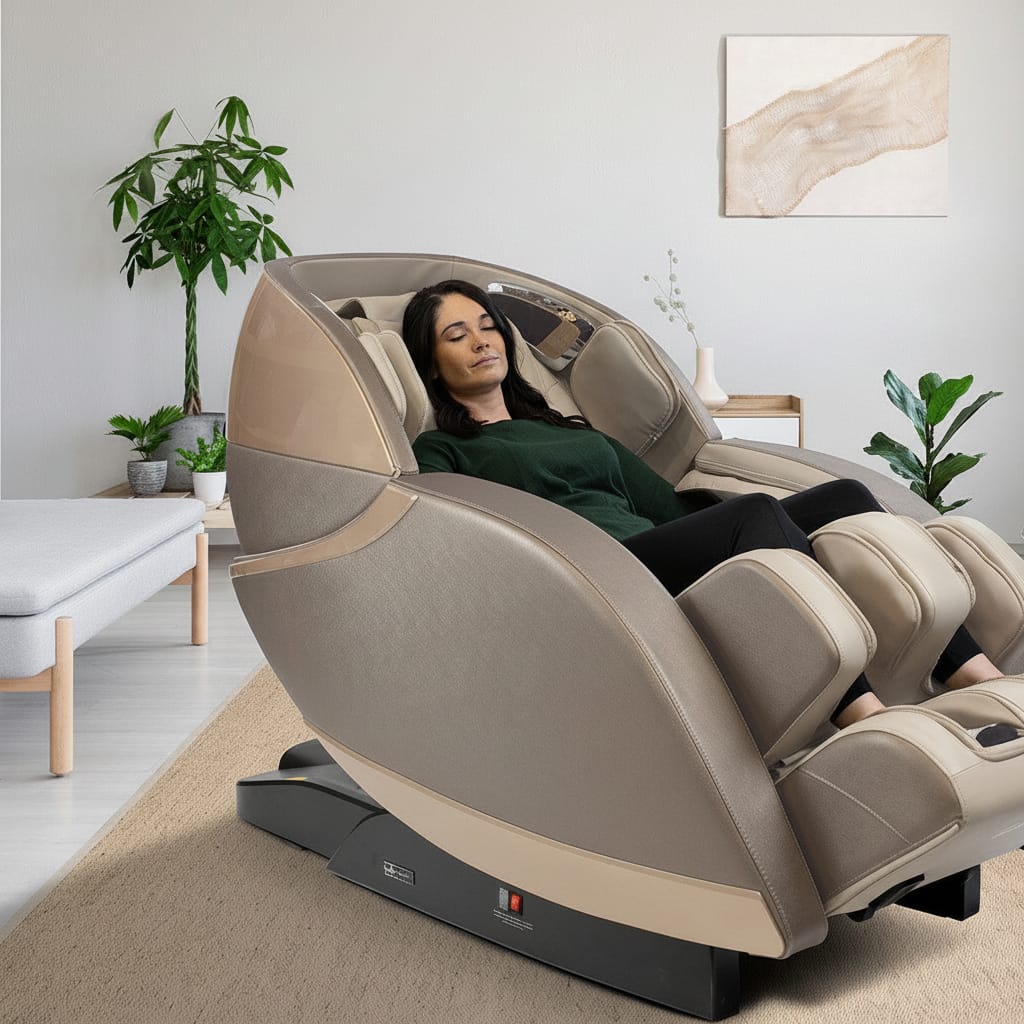 Woman relaxing in a massage chair in a modern living room.