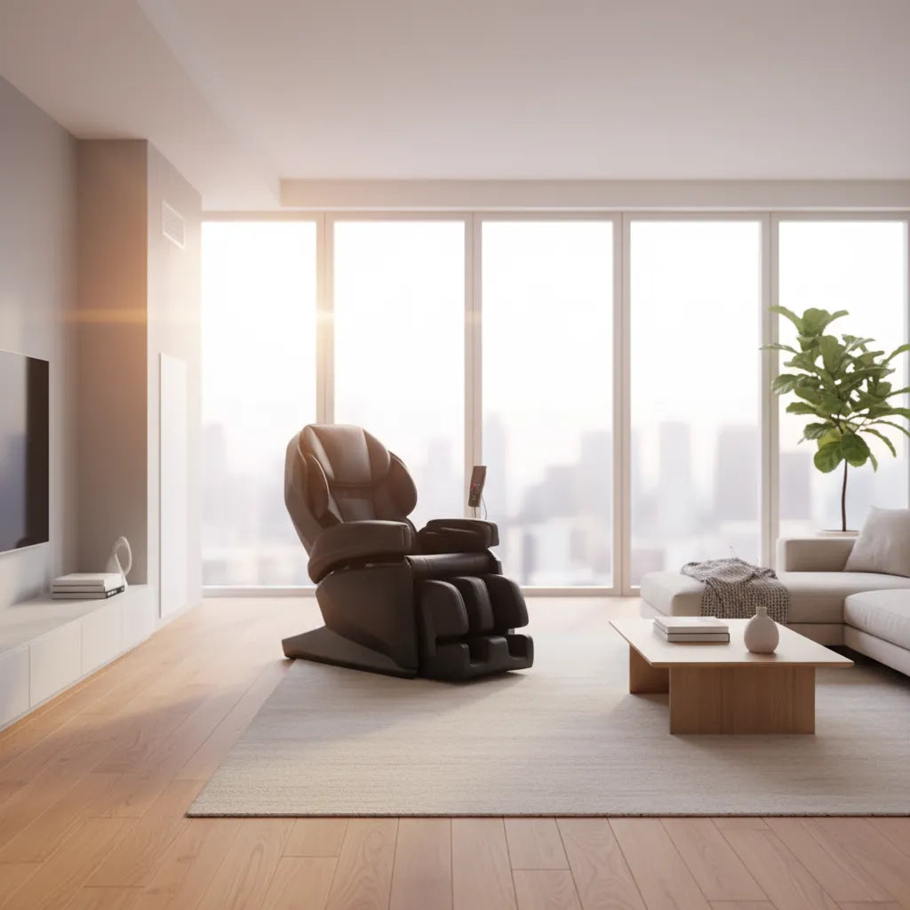 Gray massage chair with control panel on a white background