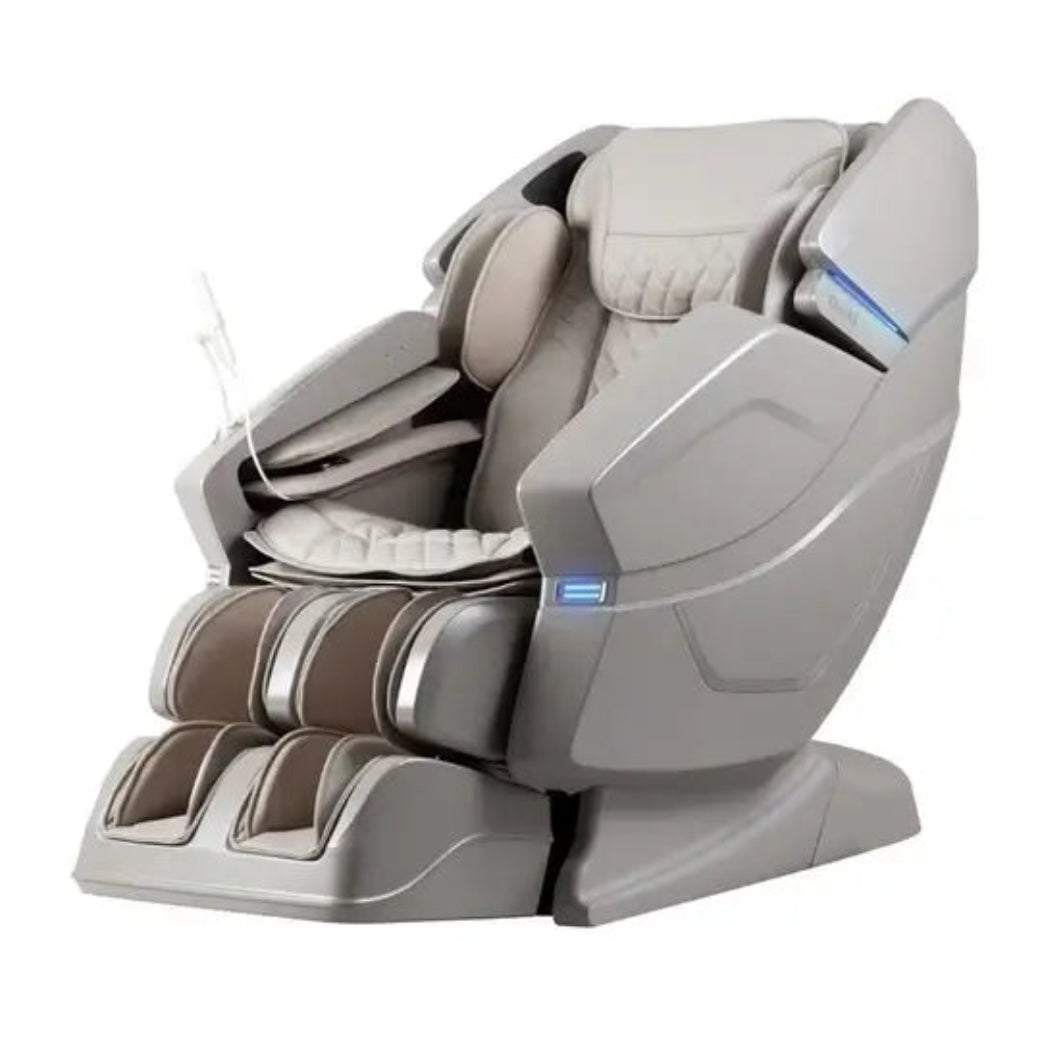Gray massage chair with digital display on a white background