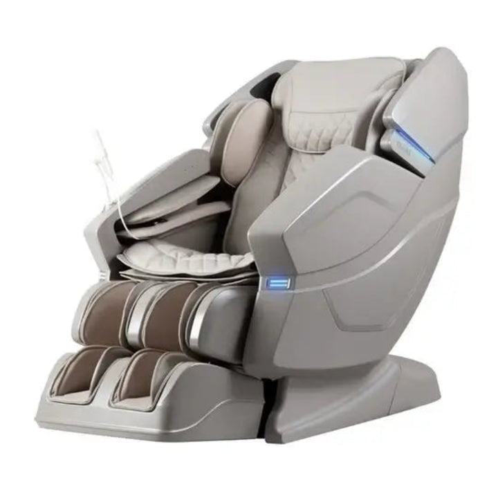 Gray massage chair with digital display on a white background