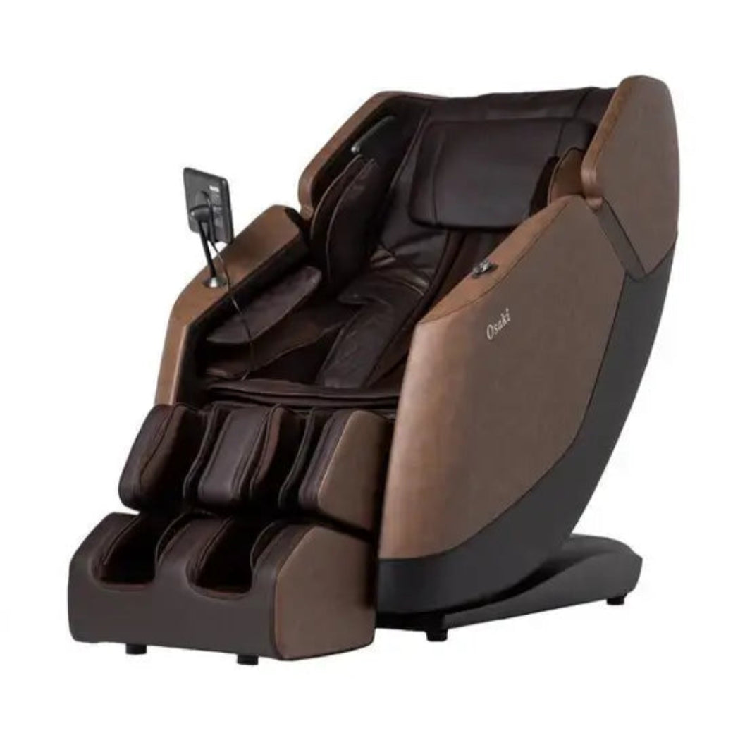 Brown massage chair with control panel on a white background