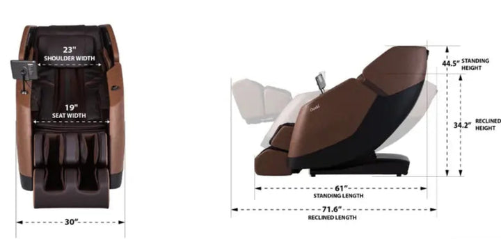 Massage chair with dimensions labeled on a white background