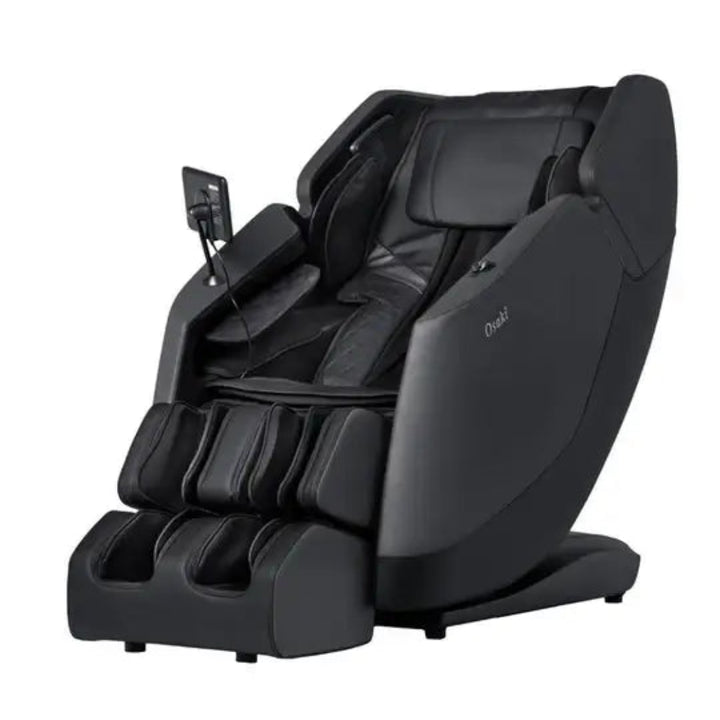 Black massage chair with control panel on a white background
