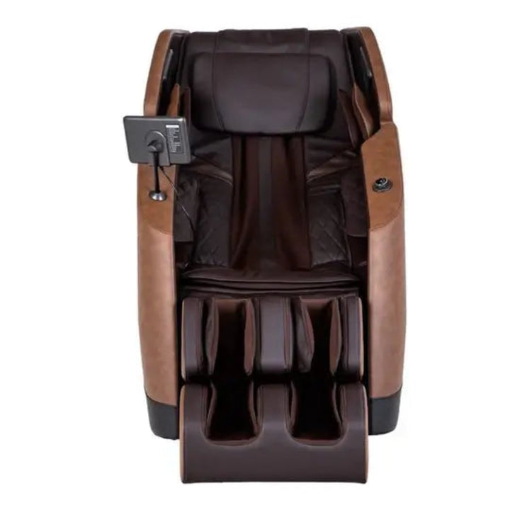 Brown massage chair with control panel on a white background
