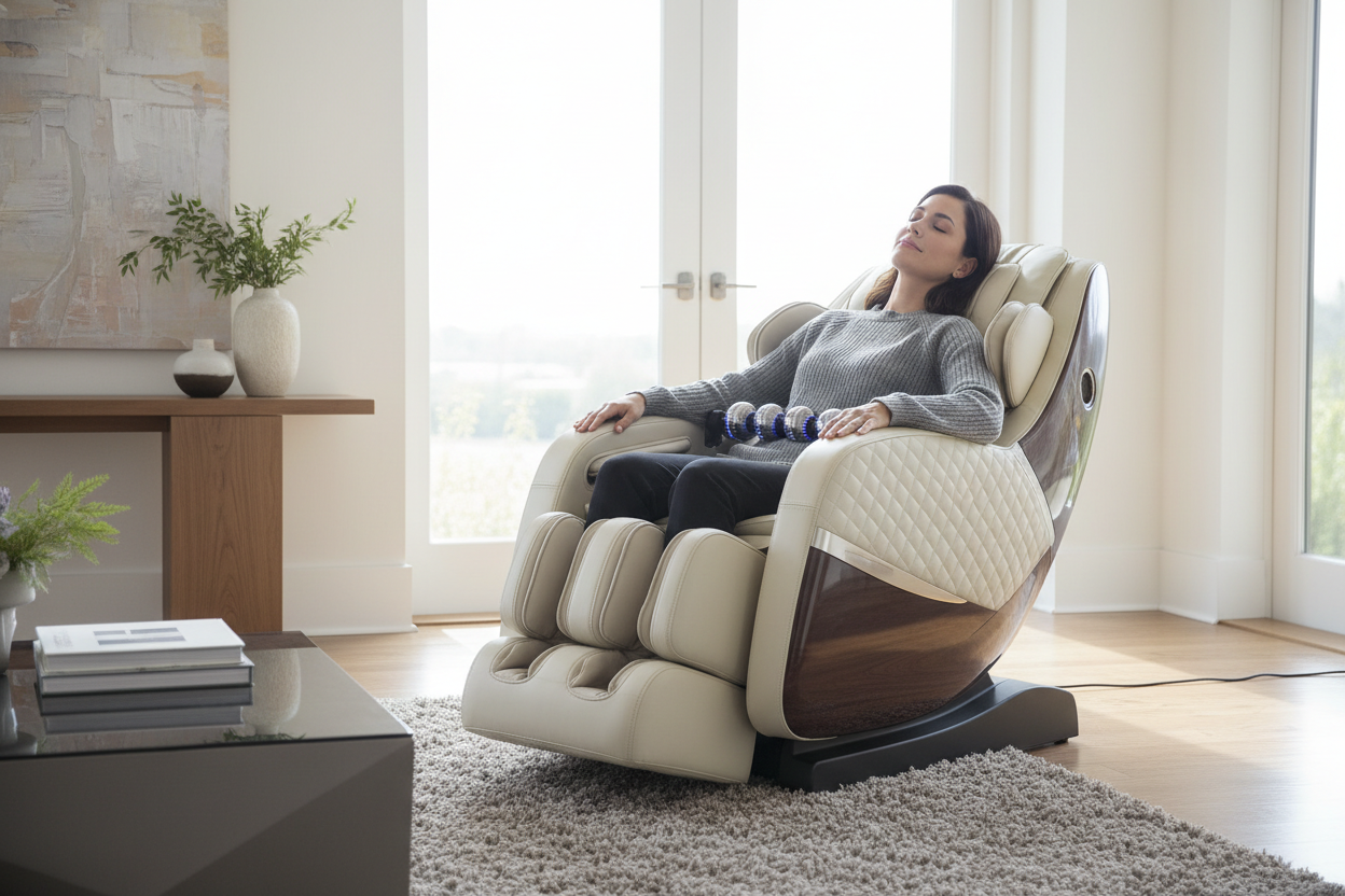 Person using a 4D SL-track massage chair for lower back pain relief