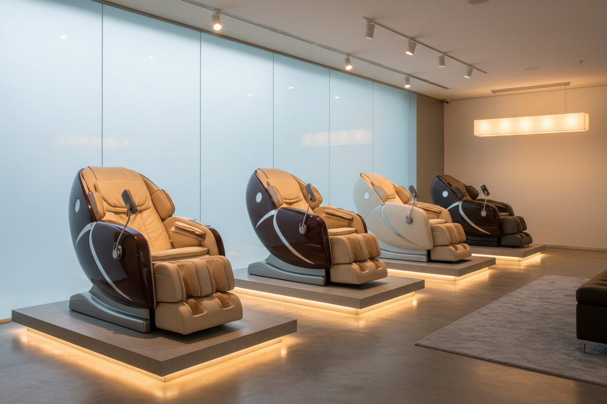 Four premium massage chairs displayed in a luxury home showroom setting