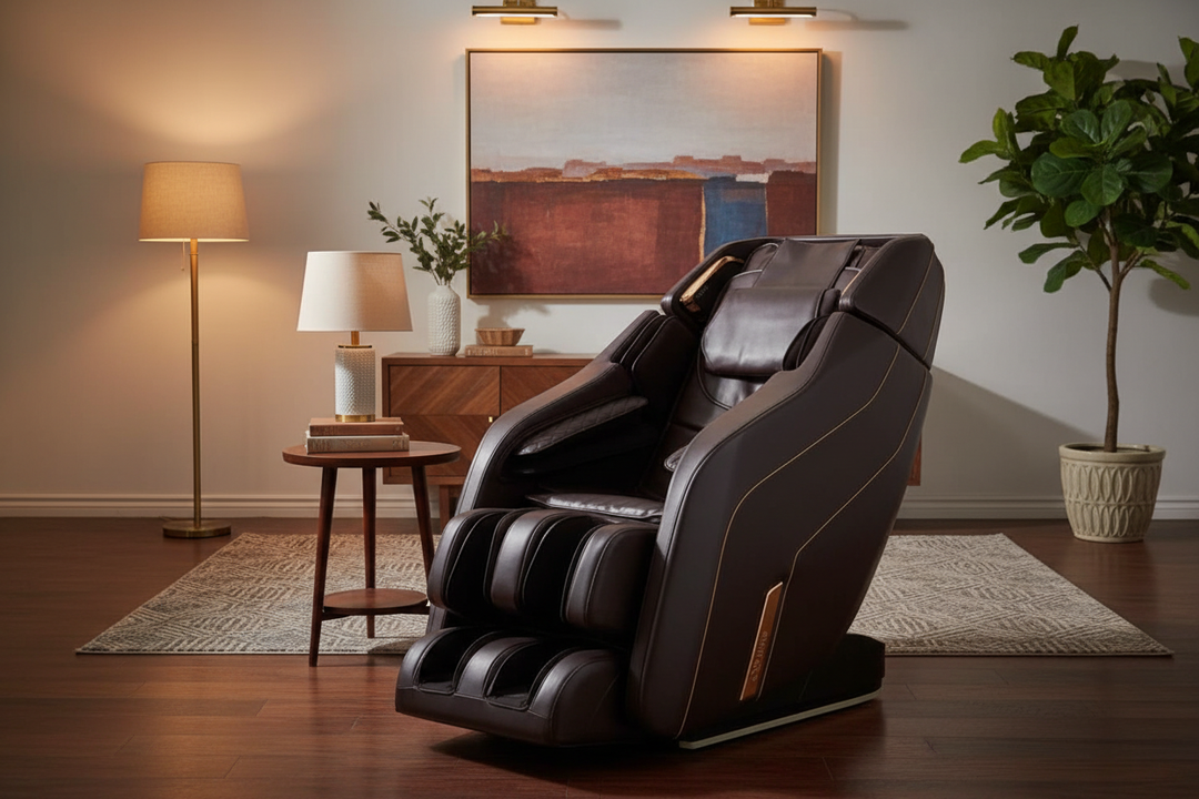 Daiwa Pegasus 2 massage chair with gold accents in a warm elegant home living room