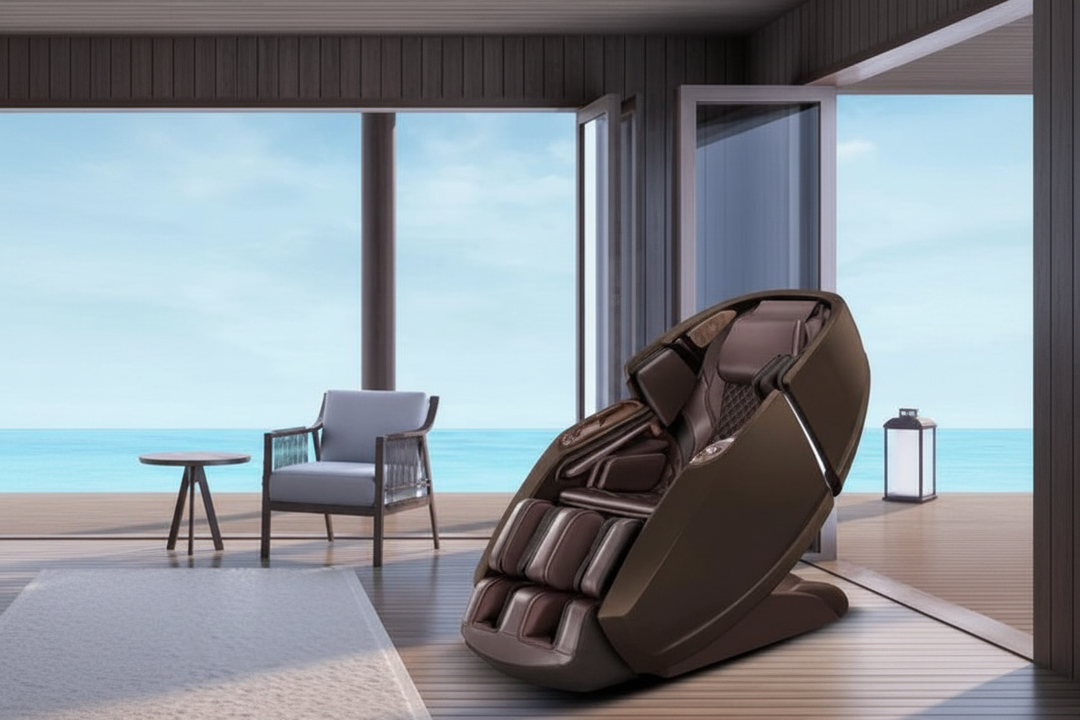 Daiwa Supreme Hybrid massage chair in a bright coastal living room with ocean views