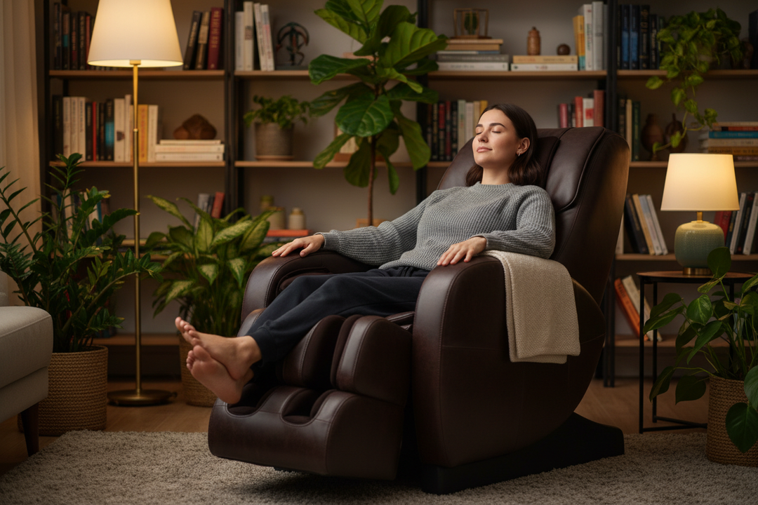 Person relaxing in a luxury massage chair at home in a warm cozy living room