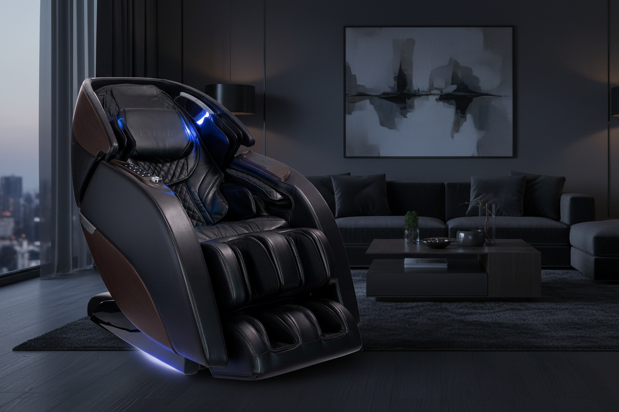 Kyota Nokori M980 Syner-D massage chair with blue LED lighting in a sophisticated living room