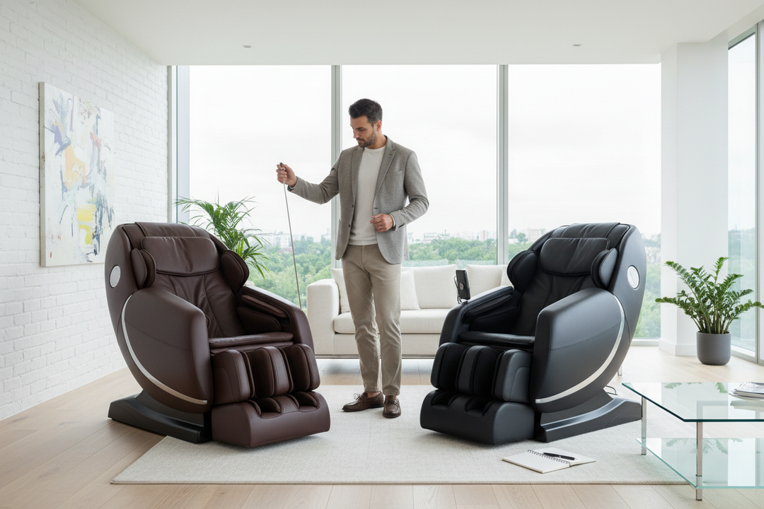 Person comparing two luxury massage chairs in a modern living room before purchasing