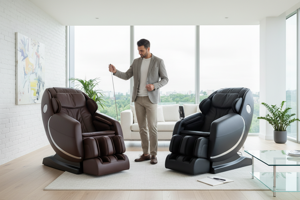 Person comparing two luxury massage chairs in a modern living room before purchasing