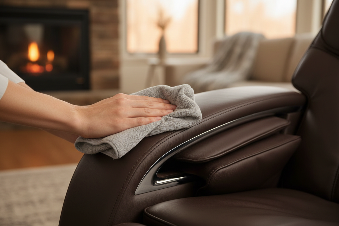 Person wiping down a premium massage chair with a microfiber cloth as part of regular maintenance routine