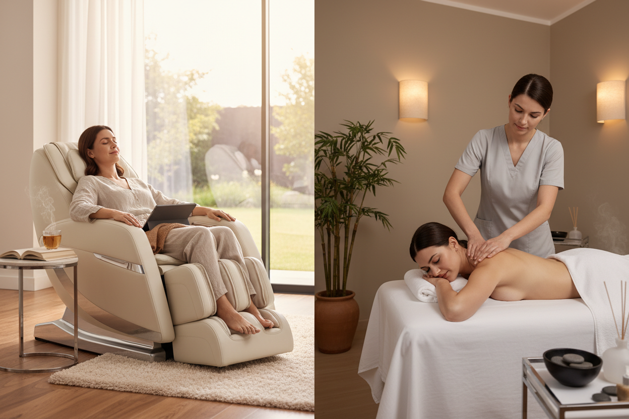 Side-by-side comparison of a massage chair at home and a professional massage therapy session