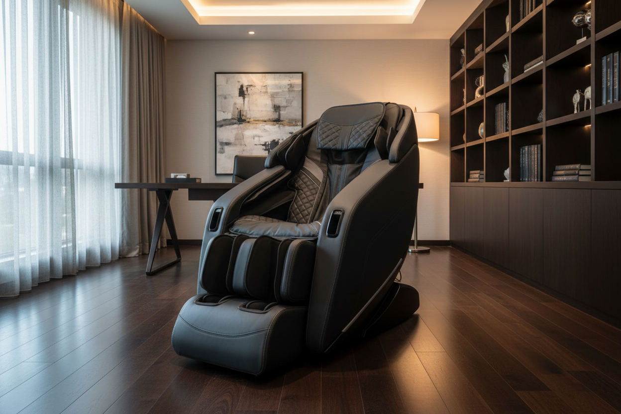Sharper Image Axis 4D massage chair in a sophisticated modern living room