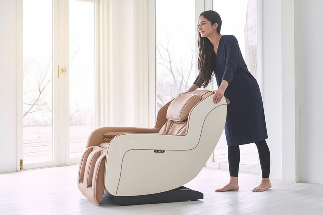 Woman moving a compact Synca Circ massage chair in a bright modern room