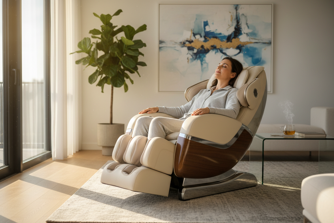 Person relaxing in a luxury massage chair in a modern living room