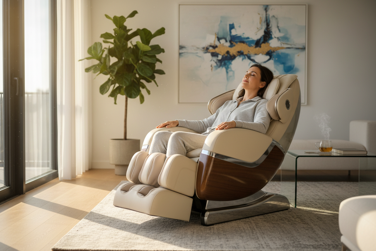 Person relaxing in a luxury massage chair in a modern living room