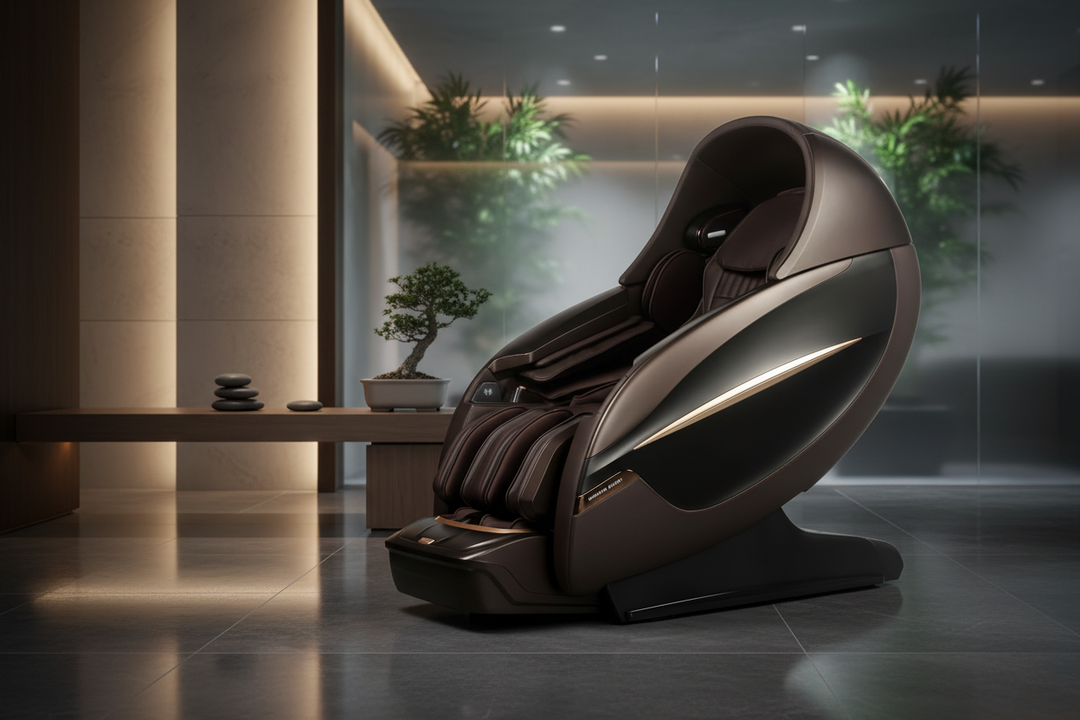 Tru Massage Eclipse AI smart massage chair with canopy design in a modern luxury wellness room
