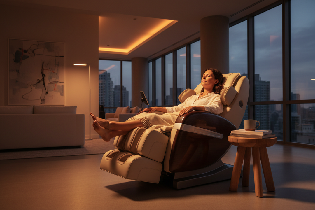 Person relaxing in zero gravity position in a luxury massage chair