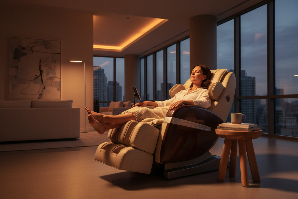 Person relaxing in zero gravity position in a luxury massage chair