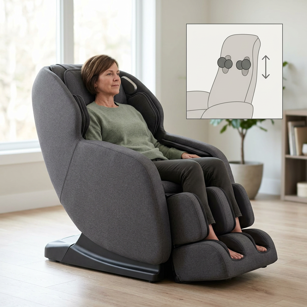 Adult seated in a massage chair beside an illustrative shoulder-position adjustment inset.