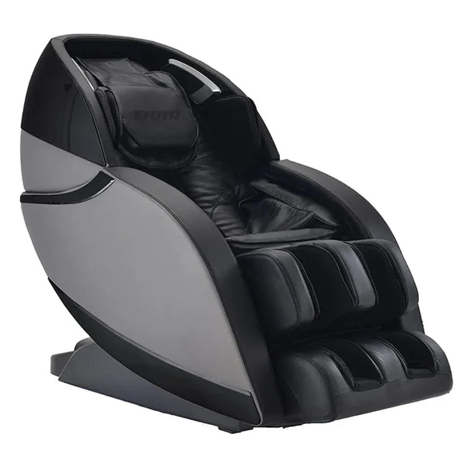 Black Kyota massage chair with silver side panels, shown at an angle on a white background.