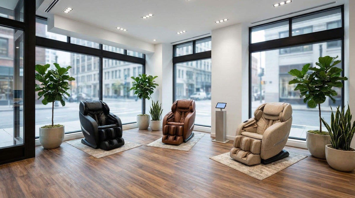 Black, brown, and beige massage chairs displayed in a bright showroom with large windows and potted plants.