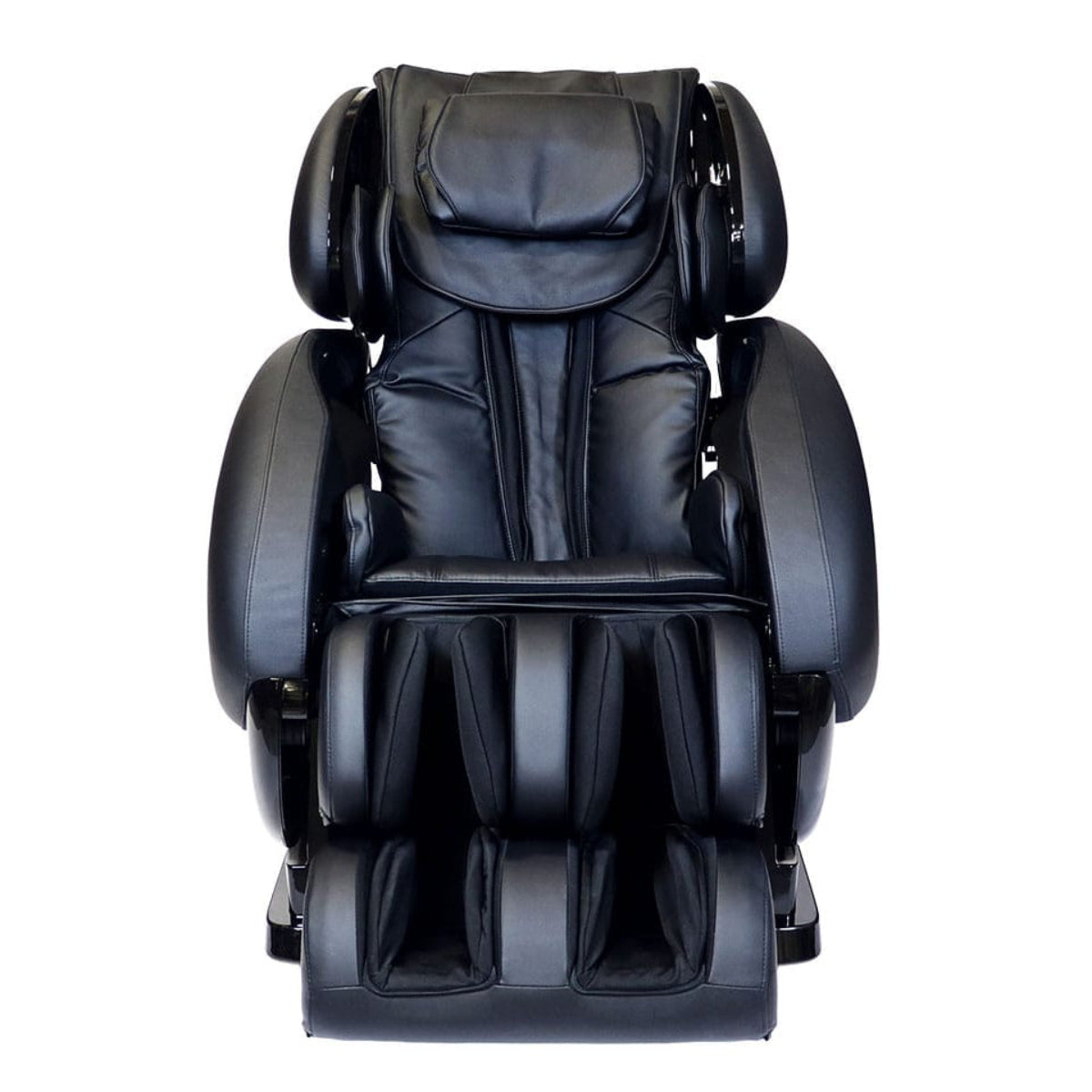 Black Infinity IT-8500 X3 massage chair with padded headrest, armrests, and foot massage compartments, shown from the front on a plain white background.
