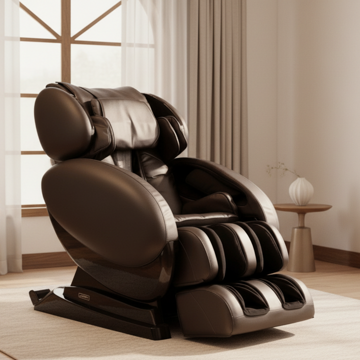 Brown Infinity IT-8500 X3 massage chair beside a side table