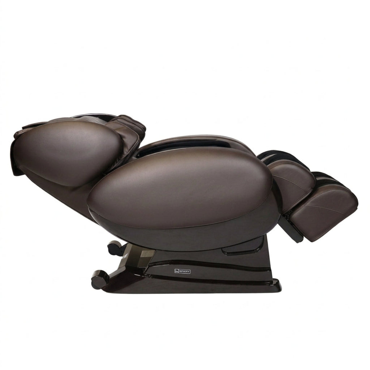 Brown Infinity IT-8500 X3 massage chair reclined, shown from a side angle against a plain white background.