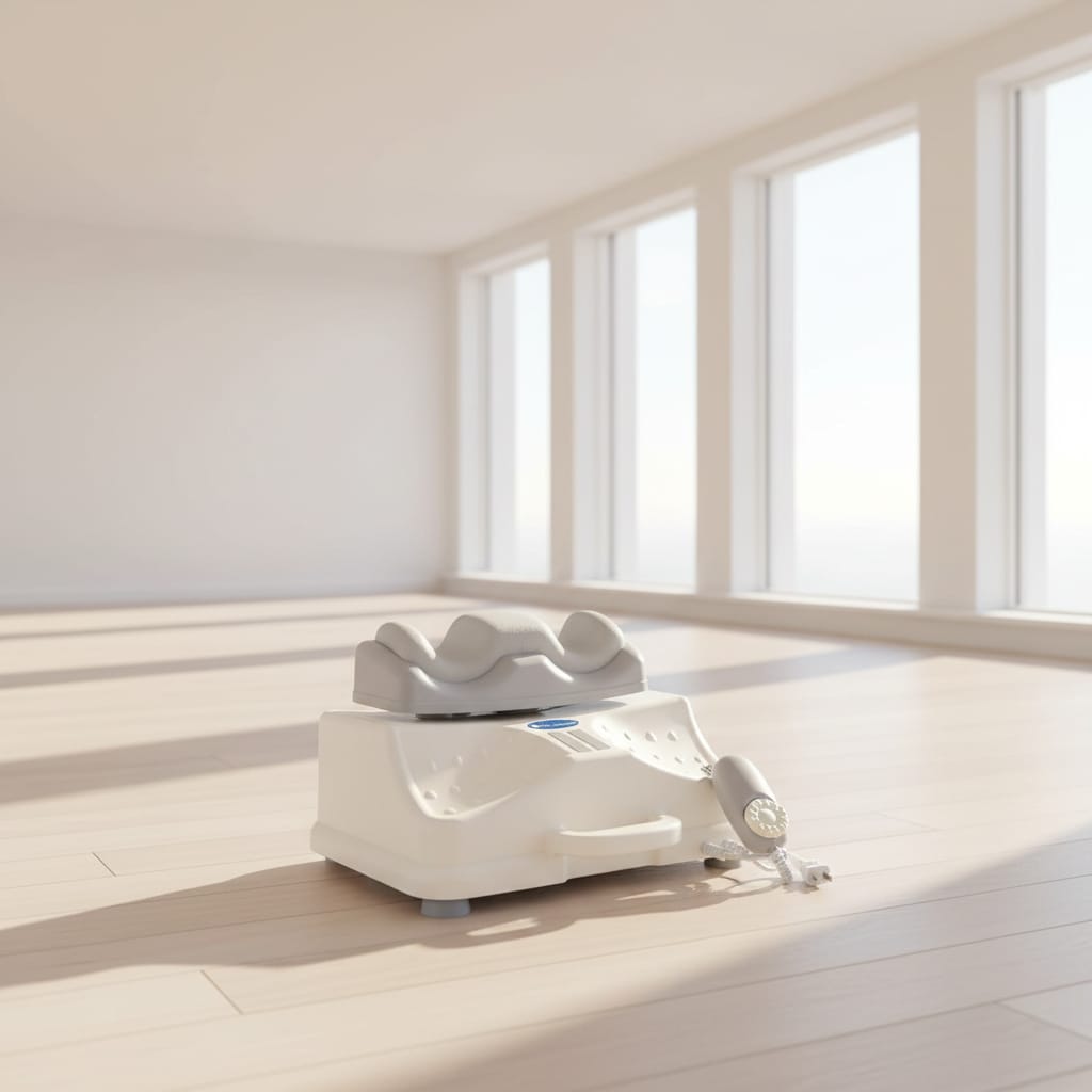 White electronic device with a cord on a white background