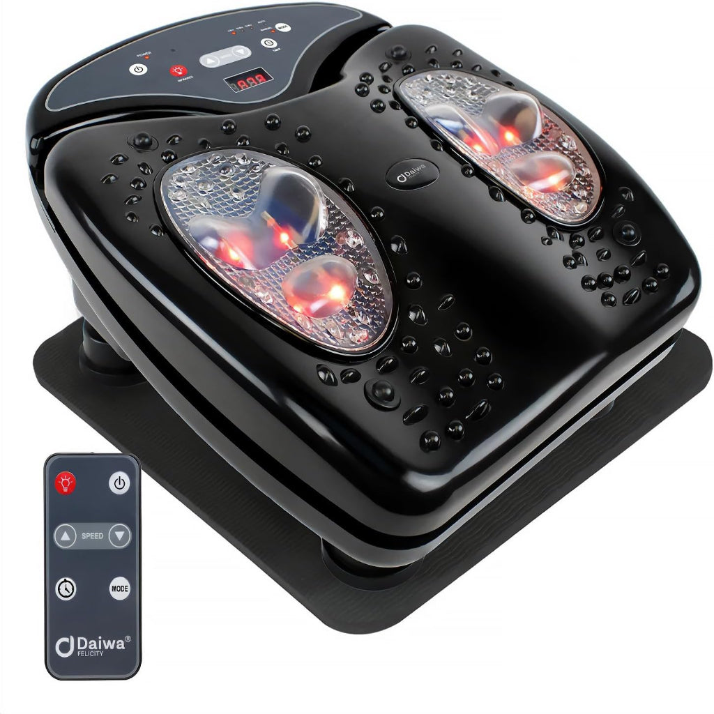 Black foot massager with remote control on a white background