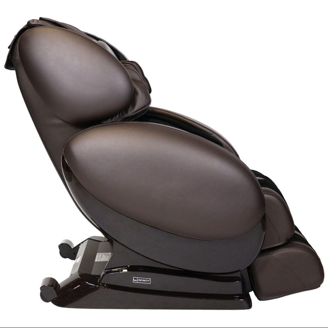 Brown Infinity IT-8500 X3 massage chair reclined, angled side view
