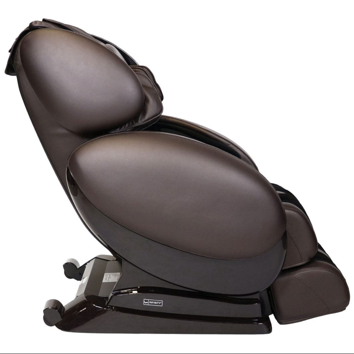 Brown Infinity IT-8500 X3 massage chair reclined, angled side view