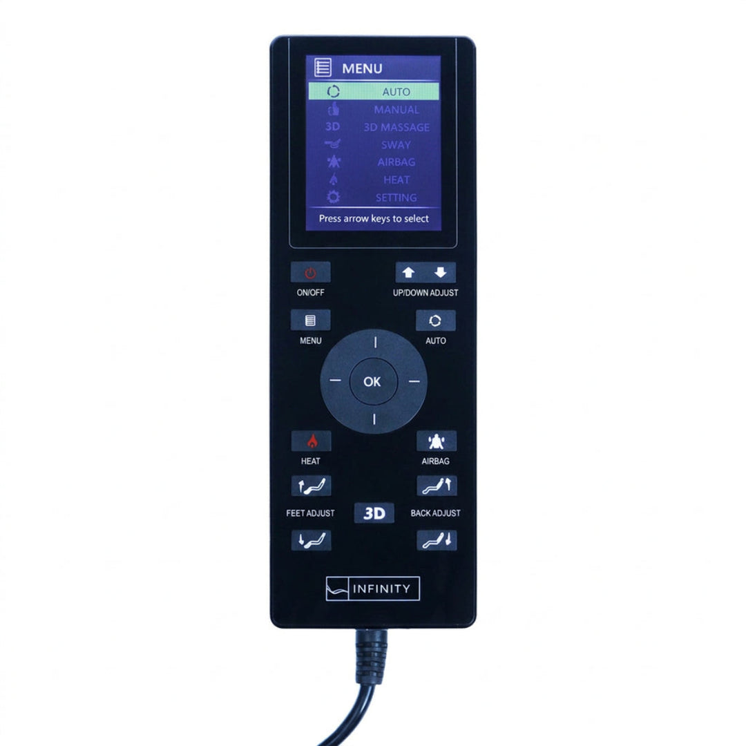 Close-up of the Infinity IT-8500 X3 massage chair remote control with digital display and buttons on a white background