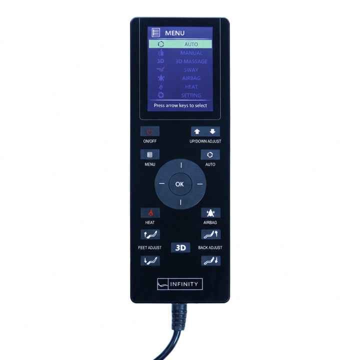 Close-up of the Infinity IT-8500 X3 massage chair remote control with digital display and buttons on a white background
