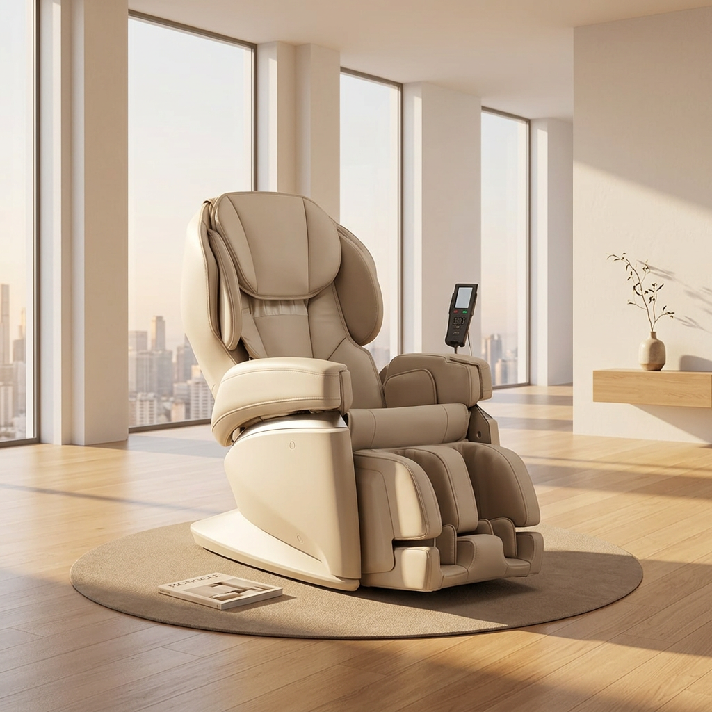 A beige massage chair with a small attached control screen, placed on a round rug in a bright modern room with large windows and a city view.
