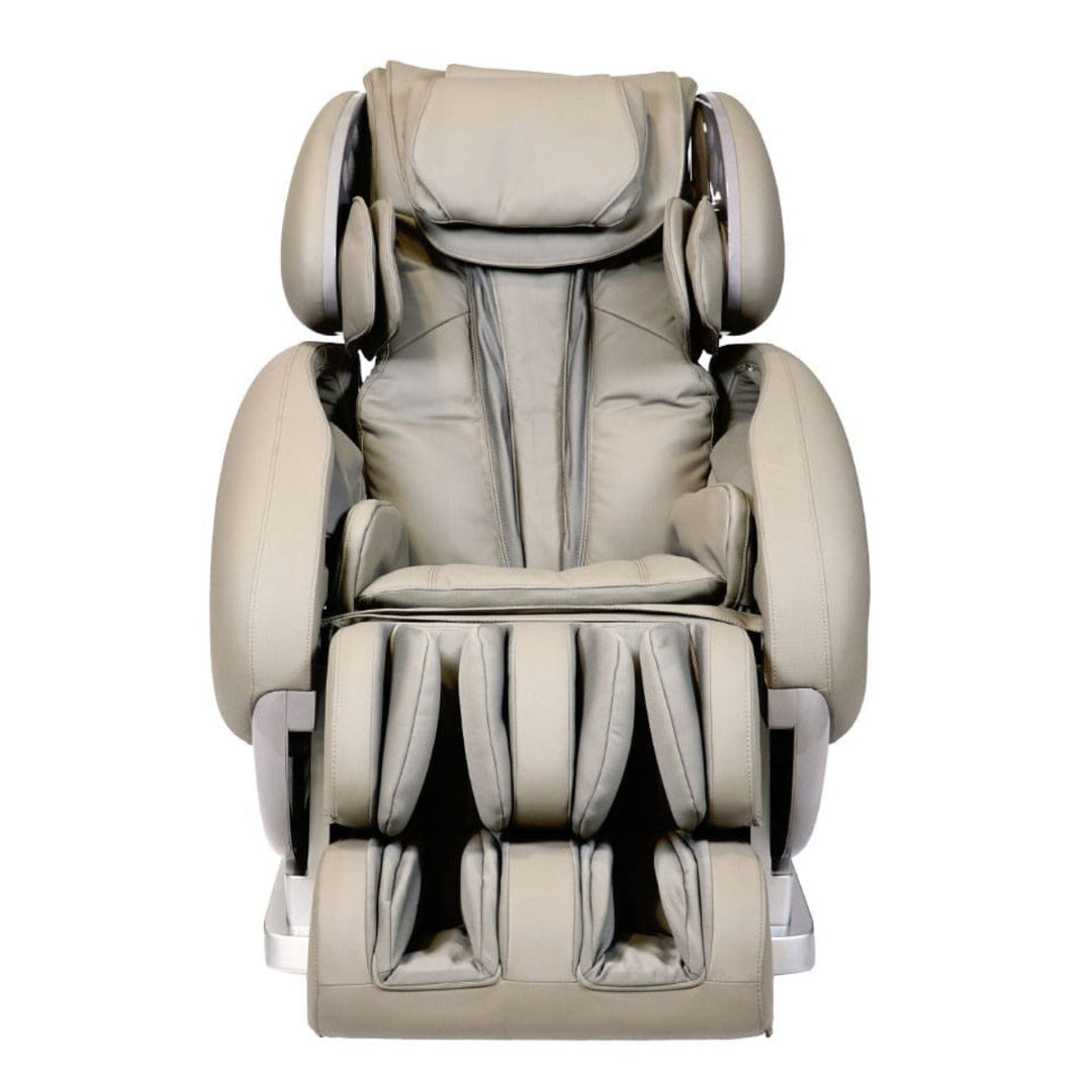 Taupe Infinity IT-8500 X3 massage chair, with a headrest, armrests, and foot massagers, shown from a front-facing perspective on a solid white background.