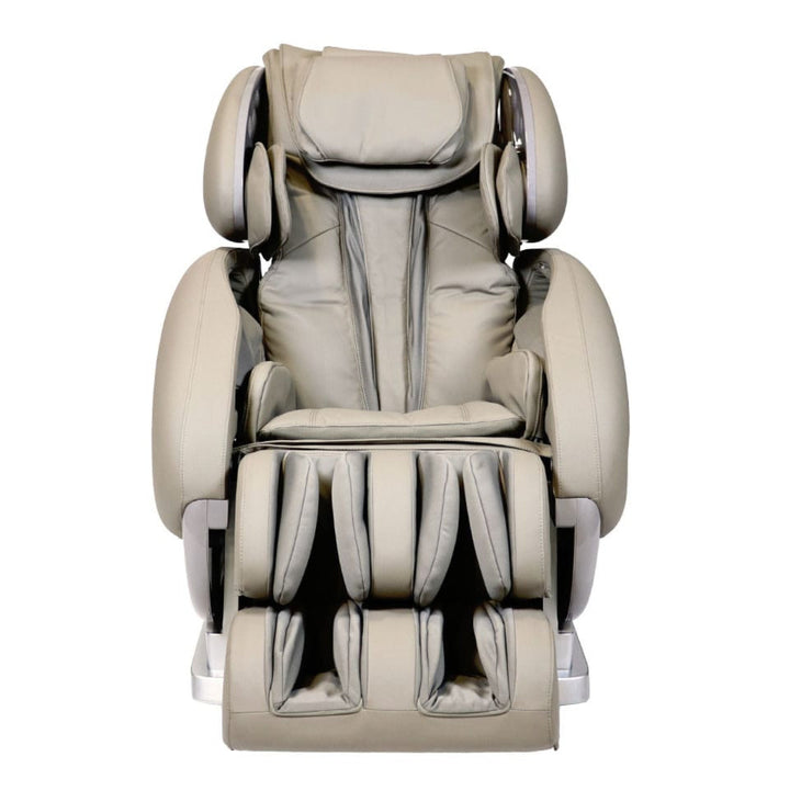 Taupe Infinity IT-8500 X3 massage chair, with a headrest, armrests, and foot massagers, shown from a front-facing perspective on a solid white background.