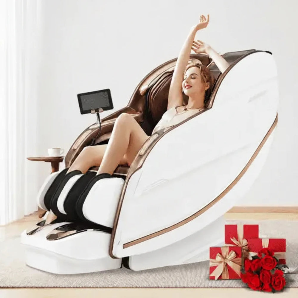 A woman reclines in a white and brown massage chair in a bright indoor setting, with gift boxes and red roses at the lower right.