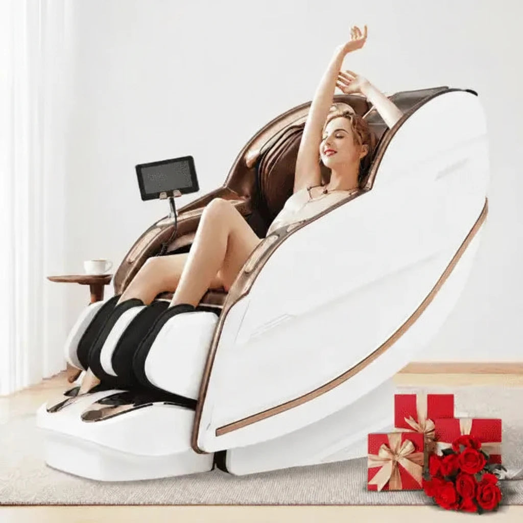 A woman reclines in a white and brown massage chair in a bright indoor setting, with gift boxes and red roses at the lower right.