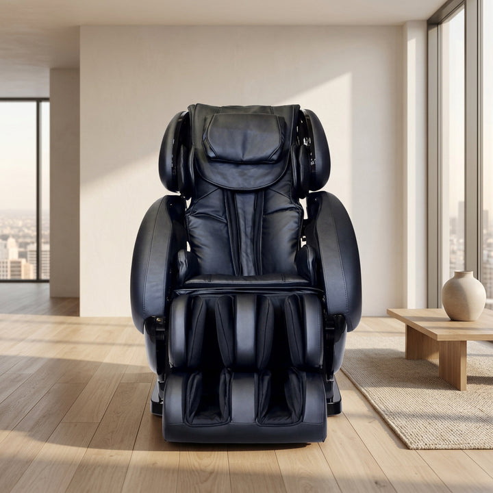 Black Infinity IT-8500 Plus massage chair in a modern sunlit room with light wood floors and large windows