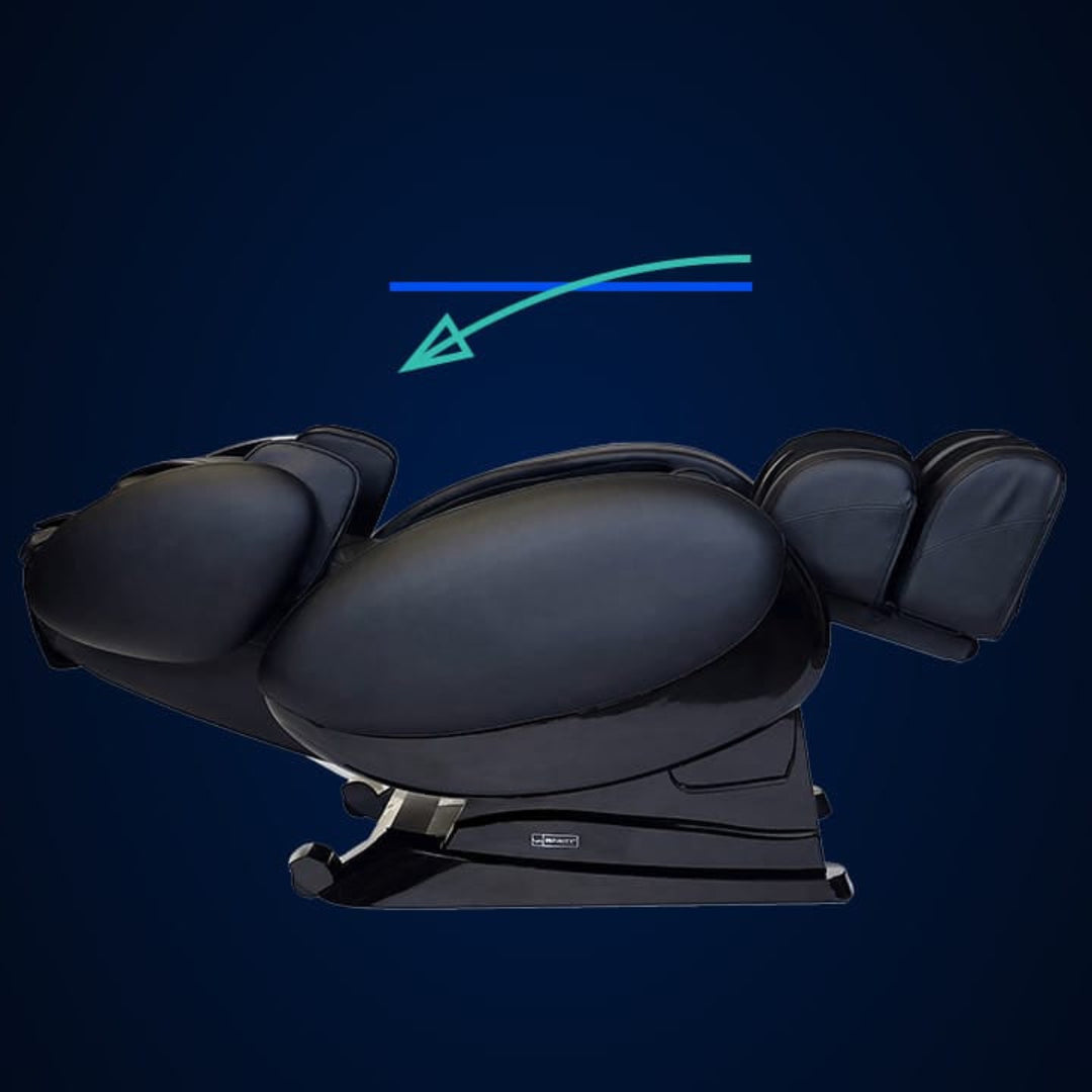 Infinity IT-8500 Plus massage chair in the full recline position with a recline arrow