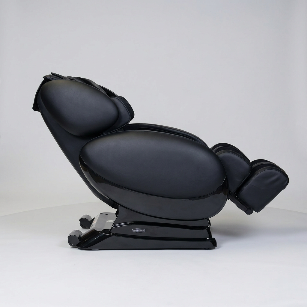 A black massage chair with a glossy finish, shown from a side profile view against a neutral light gray background.