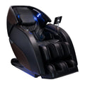 Black massage chair with blue LED lights on a white background