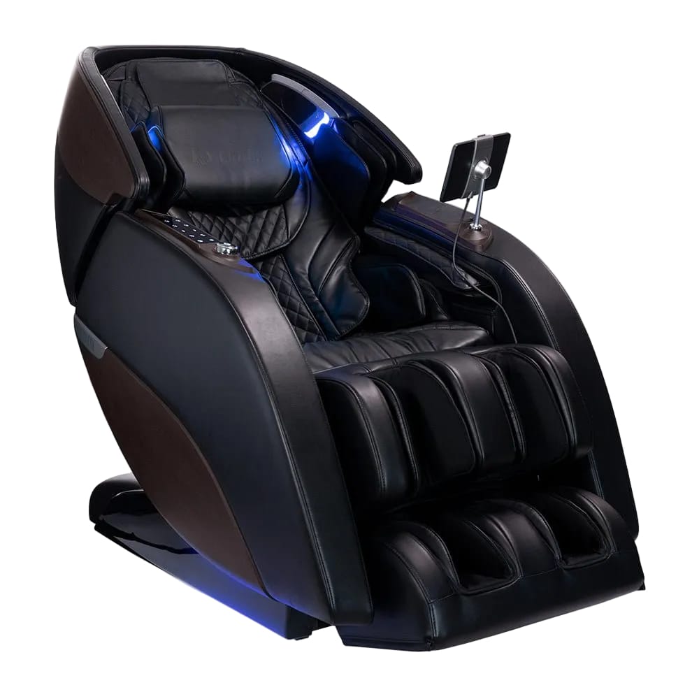 Black massage chair with blue LED lights on a white background