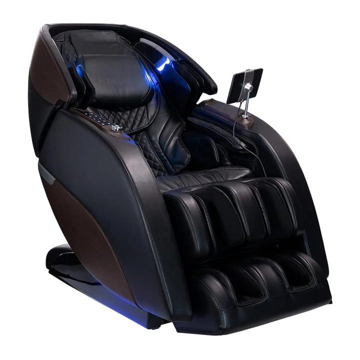 Black massage chair with blue LED lights on a white background