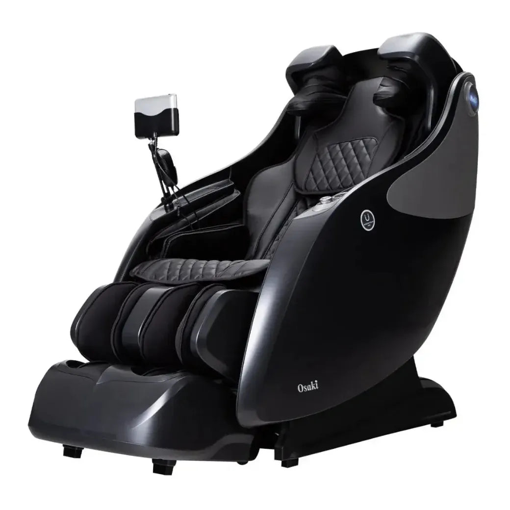 Black massage chair with Osaki logo on a white background