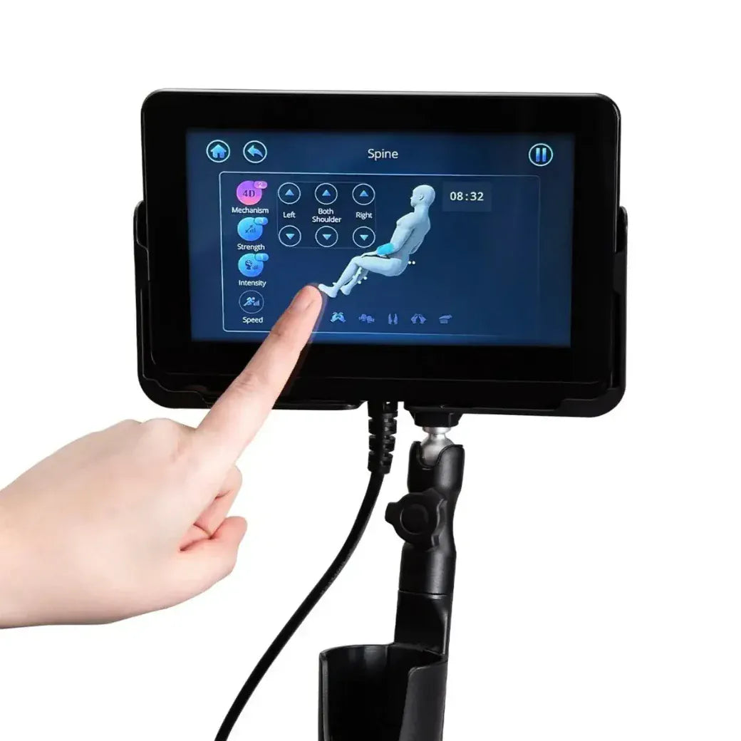 Osaki OP-4D Master Massage Chair Digital tablet displaying a spine analysis app with a hand interacting with the screen on a white background